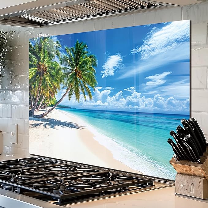 fzxwyishu Tempered Glass Backsplash for Kitchen,Stove Splashback Protector Beach Scenery Design | Heat-Resistant Splash Board, Kitchen Wall Decoration (Art Deco 2, 30"x30"(76.2x76.2cm))