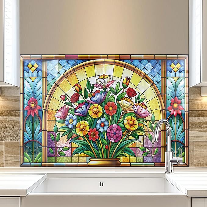 fzxwyishu Tempered Glass Backsplash for Kitchen,Stove Splashback Protector Mosaic Window Design | Heat-Resistant Splash Board, Kitchen Wall Decoration