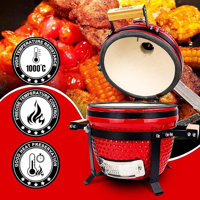 London Sunshine Ceramic BBQ Charcoal Kamado Grill 13 inch Portable Tabletop BBQ Grill Red
