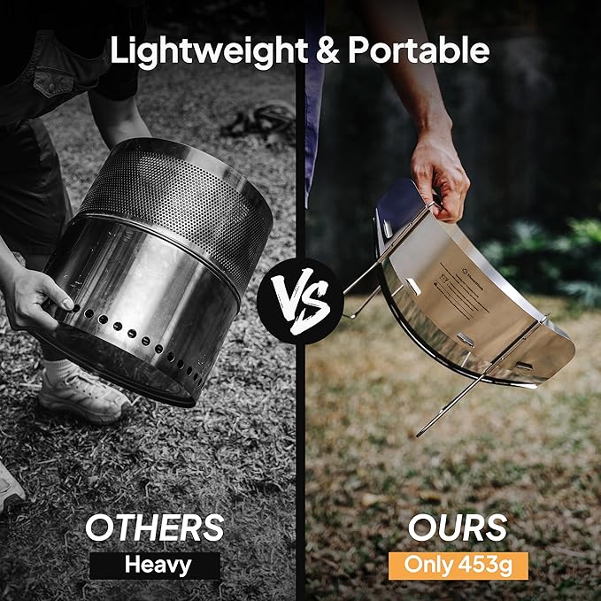 Thous Winds Lightweight Fire Pit, 12-inch Portable Camping Firepit, 453g Outdoor Stainless Steel Camp Grill, Wood Burning Charcoal for BBQ Bushcraft Backpacking, Easy Carry & Storage