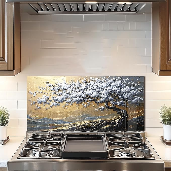 DAIFURONGE Tempered Glass Backsplash for Kitchen, Tree of Life Art Stove Backsplash Protector - Easy to Clean Wall Decor (Art Deco 4, 30"x14"(76.2x35.56cm))