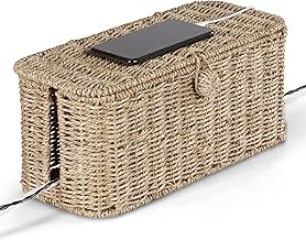BLUEWEST Large Cable Management Box, Natural Rattan Cable Cord Organizer Boxes for Power Strip – 2 Open Slots Cords Hider Box for TV Wires, Computer, Router, USB Hub and Under Desk Power Strip