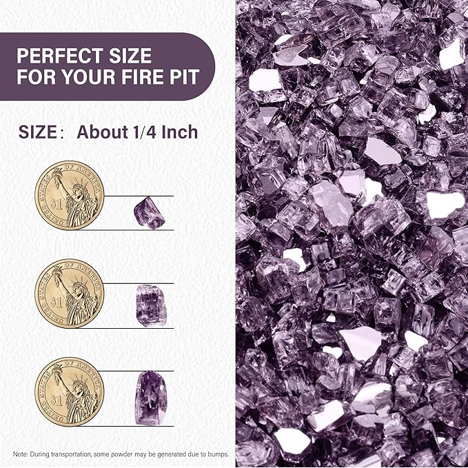 NUPICK 10 Pound Fire Glass, 1/4 Inch Reflective Fire Pit Glass, Tempered Firepit Glass Rock for Propane or Natural Gas, Glass Rocks for Fire Pit Table, Fireplace Glass for Landscaping, Violet