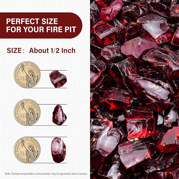 NUPICK 10 Pound Fire Glass, 1/2 Inch Shiny Fire Pit Glass, Tempered Firepit Glass Rock for Propane or Natural Gas, Glass Rocks for Fire Pit Table, Fireplace Glass for Landscaping, Red