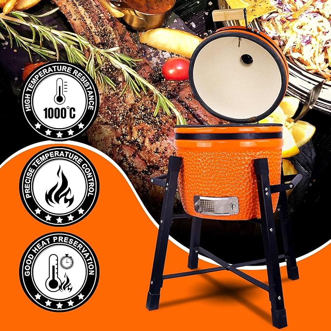 London Sunshine Ceramic Kamado Charcoal BBQ Grill and Smoker, Stainless Steel Grates -15" Ceramic with Tall Stand (ORANGE)
