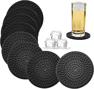 KindGa Coasters for Drinks Black, Absorbent Rubber Coaster Set, Silicone Drink Coasters for Large Mug/Cup/Bottle, Deep Tray 4.3 Inch Oval Shape Jar Opener Heat-Resistant Grips (Set of 8)