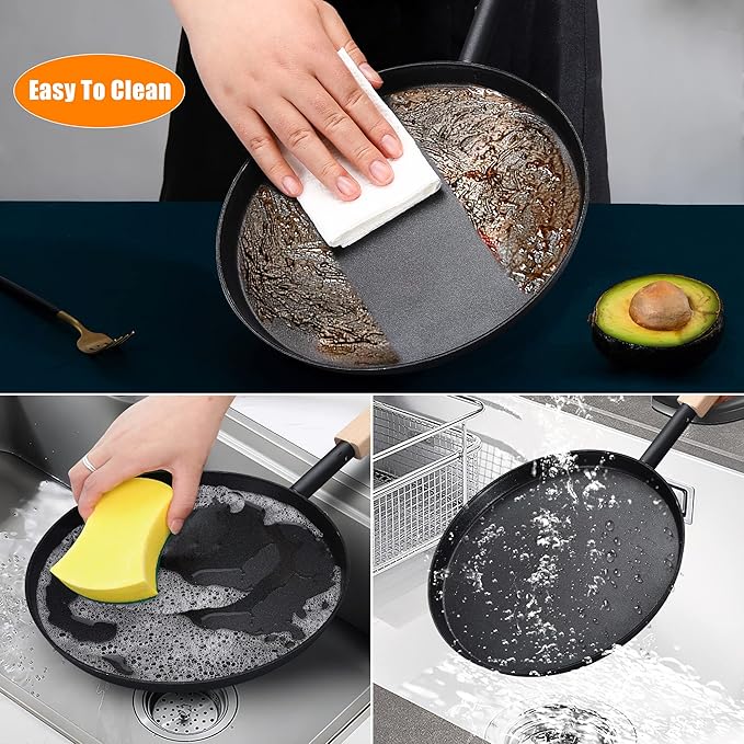bodkar 8-inch Frying Pan Skillet Flat Crepe Pan, Lightweight Grill Pan with Wooden Handle for Camping Indoor Outdoor Cooking