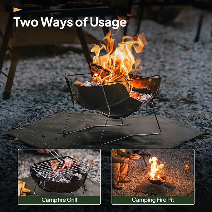 Thous Winds Lightweight Fire Pit, 12-inch Portable Camping Firepit, 453g Outdoor Stainless Steel Camp Grill, Wood Burning Charcoal for BBQ Bushcraft Backpacking, Easy Carry & Storage