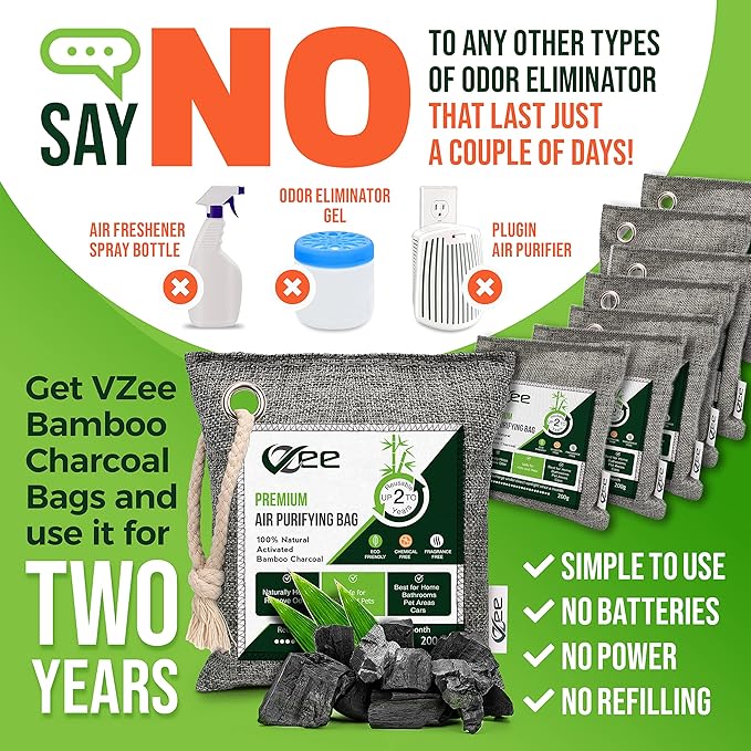 8 XL Bags x 200g Nature Fresh Activated Odor Absorber, Bamboo Charcoal Air Purifying Bag, Odor Eliminator for Home, Car, Cigarette Smoke, Dog, Cat, Shoes