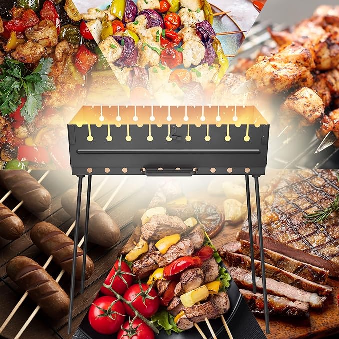 Charcoal Grill for 10 Skewers - Portable Barbecue Kabob Camp Grills - Foldable Metal Mangal - Kebab Shish BBQ for EDC Picnic Outdoor Cooking Camping Hiking (Skewers Not Included)