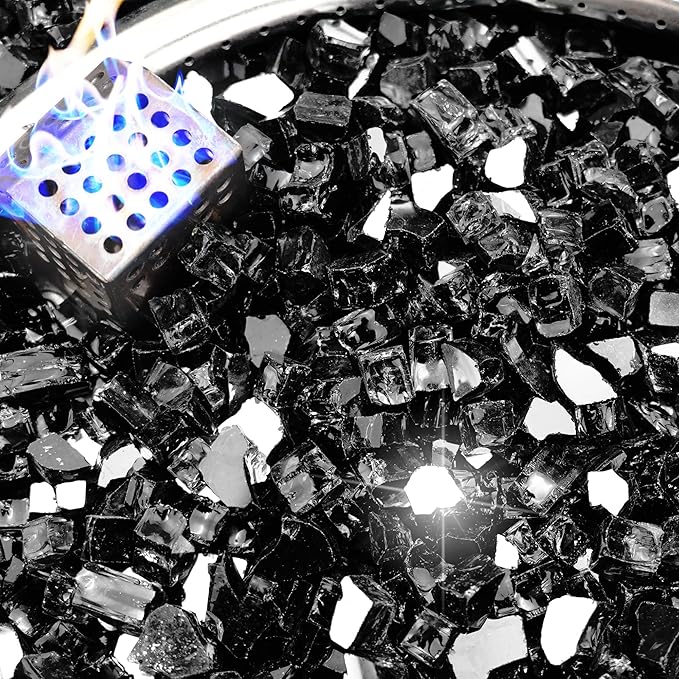 NUPICK 5 Pound Fire Glass, 1/2 Inch Reflective Fire Pit Glass, Tempered Firepit Glass Rock for Propane or Natural Gas, Glass Rocks for Fire Pit Table, Fireplace Glass for Landscaping, Black
