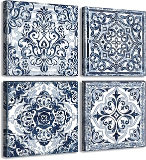 DJSYLIFE Bathroom Wall Decor Navy Blue Flower Paintings Canvas Prints Decoration Vintage Wall Art for Bedroom Framed Ready to Hang 12" Wx12 Hx4 pcs
