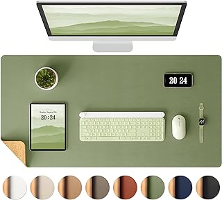 Aothia Dual-Sided Desk Mat - Natural Cork & Leather Desk Protector, Large Mouse Pad & Writing Pad for Office/Home, Olive Green (25.6"x13.7")