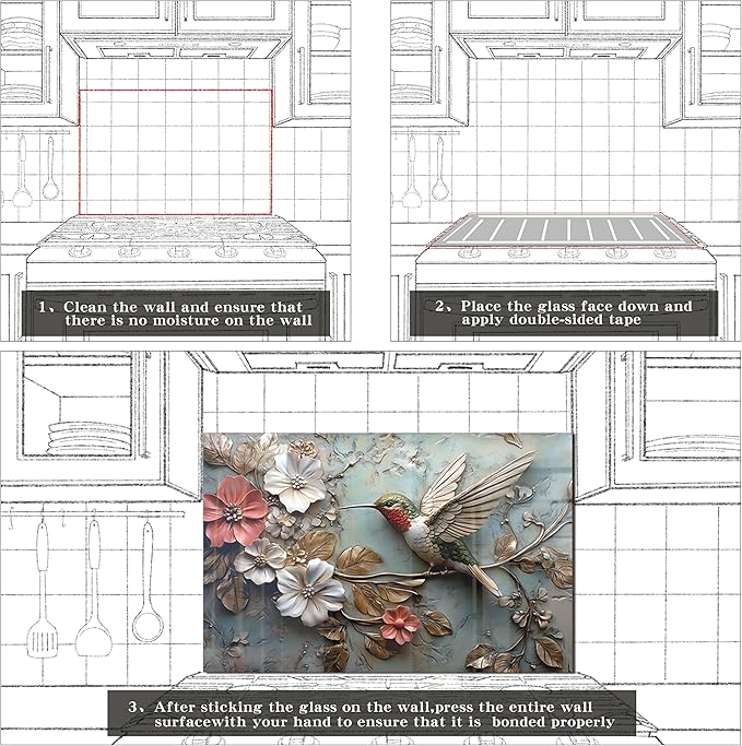 fzxwyishu Tempered Glass Kitchen Backsplash, Stove Back Top Cover, Splashback Tile,Hummingbird Kitchen Sink Cover Splash Guard, Home Kitchen Decor (Art Deco 1, 30"x30"(76.2x76.2cm))