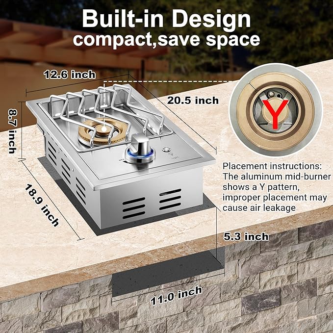 Single Grilling Side Burners for Outdoor Grill, 17,500BTU Natural Gas Side Burner with Liquid Propane Kit, Sturdy 304 Stainless Steel, Drop-in Side Burner for Outdoor Kitchen BBQ Island