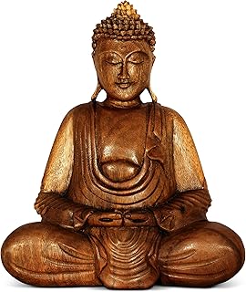 G6 Collection 16" Wooden Serene Sitting Buddha Statue - Handmade Meditating Sculpture - Hand Carved Dhyana Mudra Figurine - Zen Home Decor Accent, Oriental Spiritual Room Decoration Gift (16" Tall)