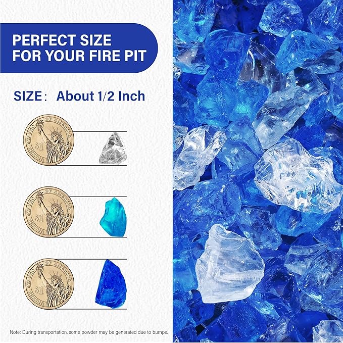 NUPICK Fire Glass - 20 Pound Mixed Bahama Blend for Fire Pit & Gas Fireplace, 1/2-3/4 Inch Tempered Glass Rock in Blue and White