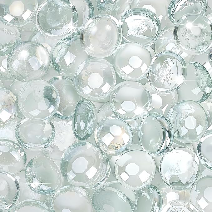 Mr. Fireglass 10 Pound Fire Glass Beads, 1/2" Reflective Round Fire Glass Drops for Fireplace Fire Pit & Lanscaping, High Luster Crystal Ice
