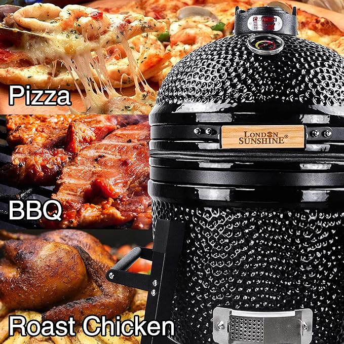 London Sunshine Ceramic Kamado Charcoal BBQ Grill and Smoker, Stainless Steel Grates -15" Ceramic with Tall Stand (BLACK)
