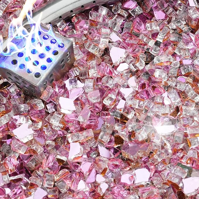 NUPICK 5 Pound Fire Glass, 1/4 Inch Reflective Fire Pit Glass, Tempered Firepit Glass Rock for Propane or Natural Gas, Glass Rocks for Fire Pit Table, Fireplace Glass for Landscaping, Pink
