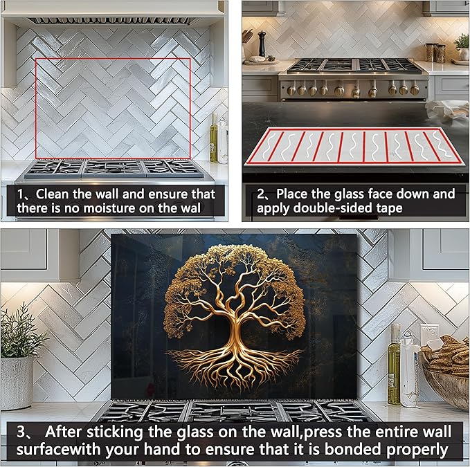 DAIFURONGE Tempered Glass Backsplash for Kitchen, Tree of Life Art Stove Backsplash Protector - Easy to Clean Wall Decor (Art Deco 1, 30"x24"(76.2x60.96cm))