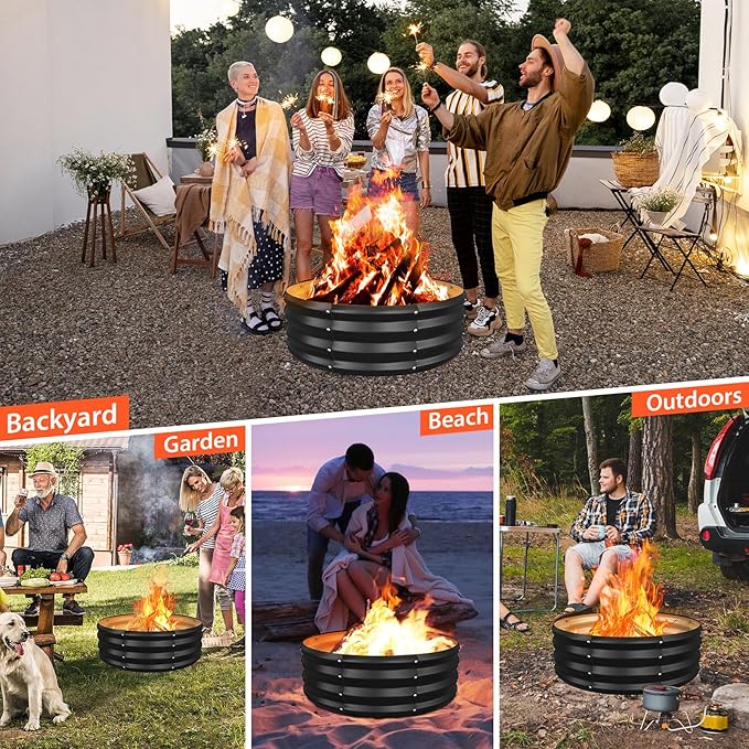 YSEJOMP 60 Inch Round Galvanized Fire Pit Ring/Fire Ring - Foldable and Perfect for Outdoor Gatherings and Campfires in The Yard/Garden/Park/Beach (Black+Gray, 5 FT Diameter+1 FT Tall)