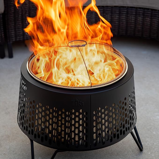 TIKI Fire Pit Screen & Poker Set – Spark Protector, Ember Guard & Fire Poker for Safe Smokeless Fires – Durable Gold & Black Metal Fire Pit Accessories - Fits Patio, Social, and Huddle Fire Pits