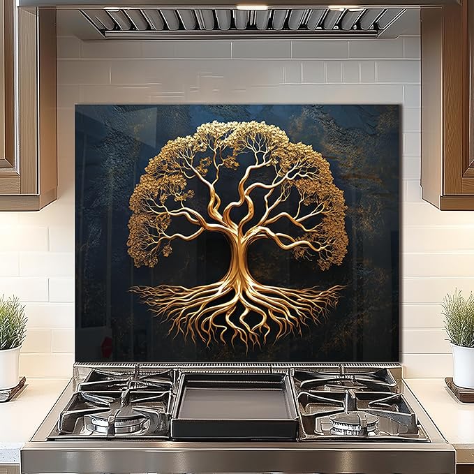 DAIFURONGE Tempered Glass Backsplash for Kitchen, Tree of Life Art Stove Backsplash Protector - Easy to Clean Wall Decor (Art Deco 1, 30"x24"(76.2x60.96cm))