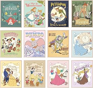 BigWig Prints Princess Wall Art, Nursery Decor, Princess Room Decor Nursery Artwork, Vintage Bambi Cinderella Little Mermaid Dumbo Pinocchio Snow White Peter Pan Beauty Beast - Unframed Set Of 12 (8x10")