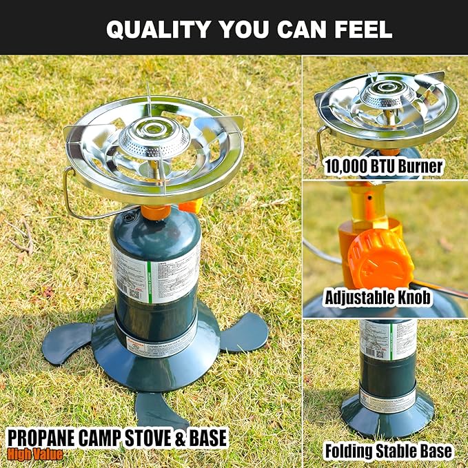 Propane Stove Portable Camping Gas Stove 10,000 BTU Bottletop Single Adjustable Burner with 1 lb Tank Base Carrying Case Great for Backpacking Emergencies Outdoor