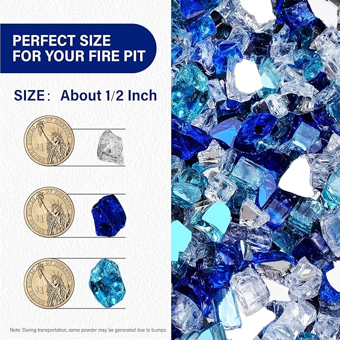 NUPICK 10 Pound Fire Glass for Fire Pit, 1/2 Inch Tempered Mixed Fire Glass in Bahama Blend for Propane Fire Pit & Gas Fireplace, Blue and White Fire Glass Rock
