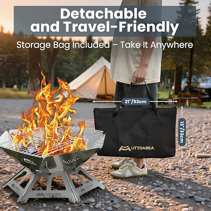 21" Portable Outdoor Fire Pit, 0.8mm Thick Stainless Steel Collapsible Wood Burning Pit with Charcoal Grill Net & Storage Bag for Patio, Backyard BBQ, Camping & Beach Bonfires