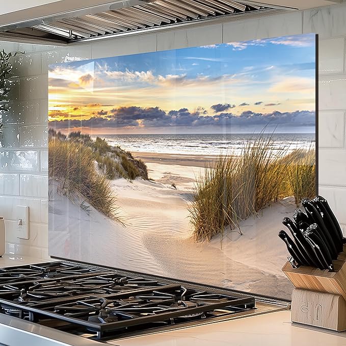 fzxwyishu Tempered Glass Backsplash for Kitchen,Stove Splashback Protector Beach Scenery Design | Heat-Resistant Splash Board, Kitchen Wall Decoration (Art Deco 1, 30"x20"(76.2x50.8cm))