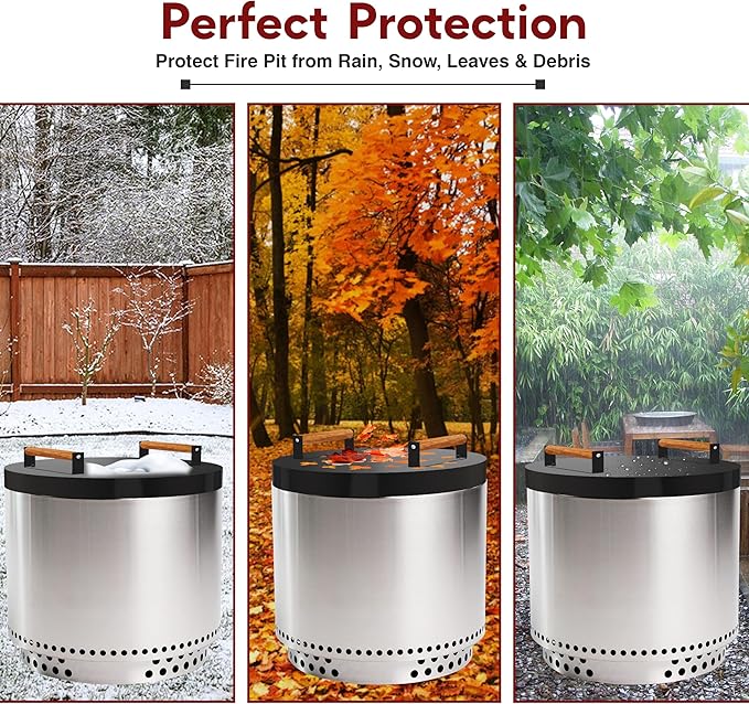 FEBTECH Fire Pit Lid 20" – Fits 19.5" Smokeless Fire Pits – Round Metal Fire Pit Cover Top, 16 Gauge Carbon Steel with Powder Coat & Wooden Handles