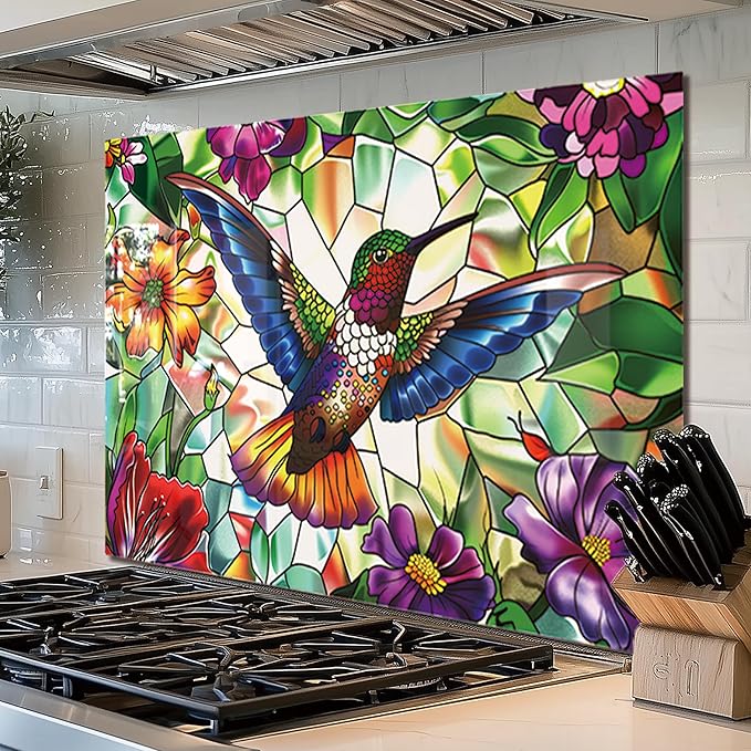 fzxwyishu Tempered Glass Kitchen Backsplash, Stove Back Top Cover, Splashback Tile,Hummingbird Kitchen Sink Cover Splash Guard, Home Kitchen Decor (Art Deco 2, 30"x16"(76.2x40.64cm))