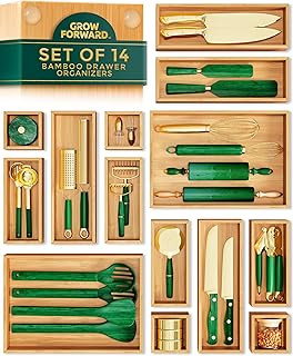 Grow Forward Bamboo Drawer Organizer Boxes - Set of 14 Wooden Drawer Organizers for Kitchen, Bathroom, Office, Desk, Vanity, Makeup - Non-Slip Junk Drawer Organizer Trays for Storage and Organization
