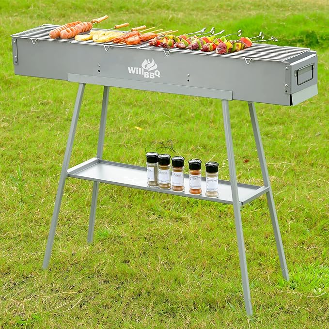 WILLBBQ Charcoal Grills Commercial Quality Portable Hibachi BBQ Lamb Skewer Detachable‌ Camping Barbecue Grill for Backyard Outdoor Cooking Use(39.4x7.1x5.1 inch With Accessories)