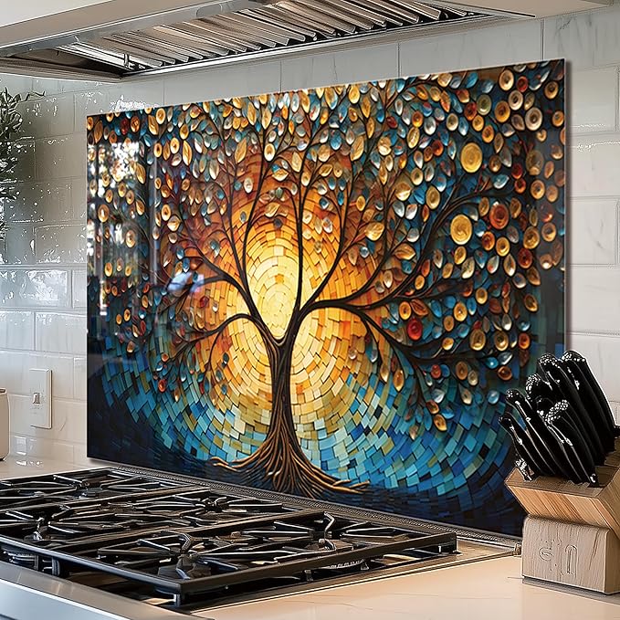 fzxwyishu Tree of Life,Tempered Glass Backsplash For Kitchen Behind Stove,Easy to Clean Kitchen Sink Cover Splash Guard, Home Kitchen Décor (blue, 30"x20"(76.2x50.8cm))