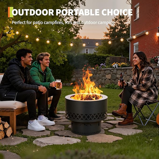 GarveeLife 19 Inch Smokeless Fire Pit, Wood Burning Outdoor Fireplace with Removable Ash Pan & Dust Bag - Ideal for Patio BBQ, Bonfire, Camping