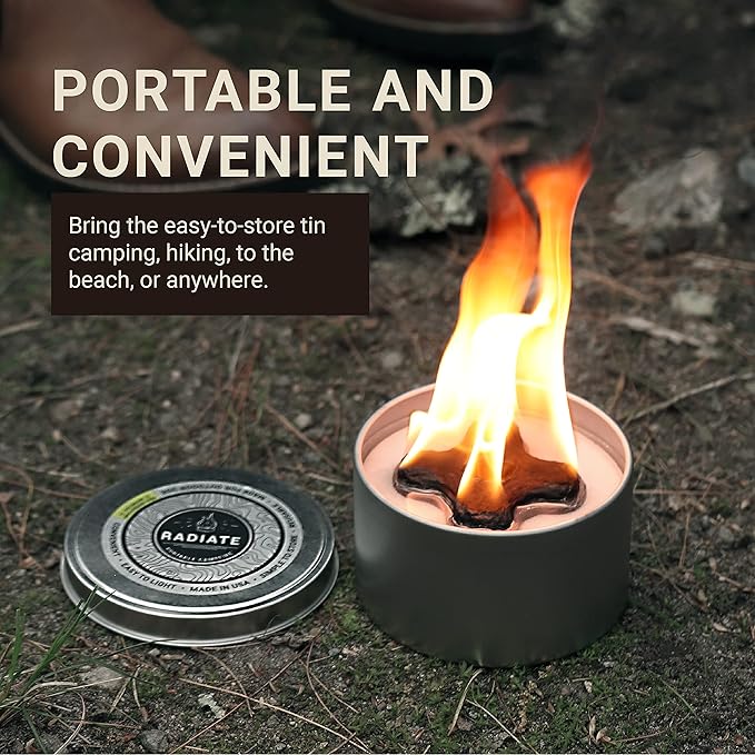 Radiate 2-Pack Portable Tabletop Firepit Campfire in a Can - 4" White Modern - 2 Hours Warmth & Burn Time - Soy Wax Portable Fire - Lightweight Camping Fire & Safe Tabletop Firepit
