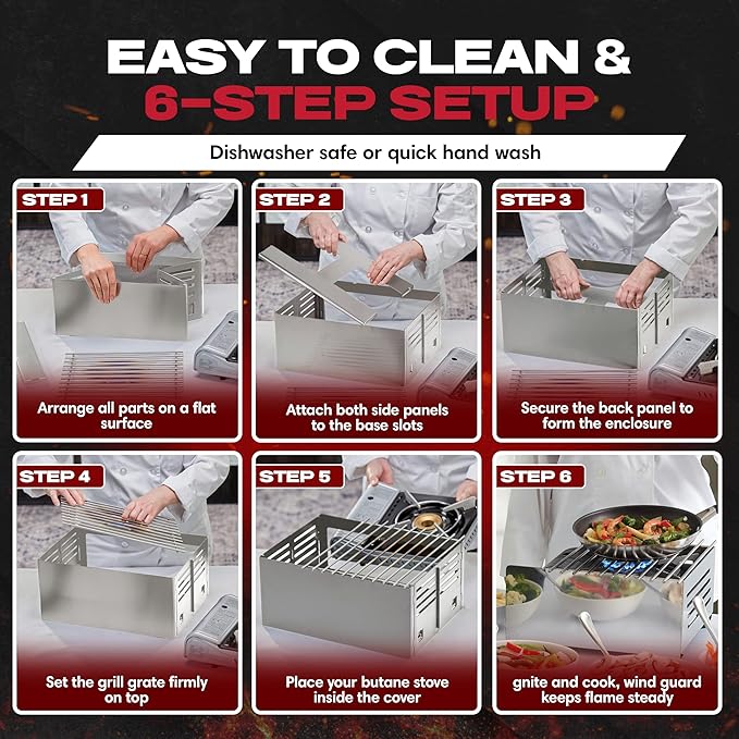 Chef Master Butane Stove Cover - Premium Stainless Steel Universal Fit - Any Standard Size Camping Stove - Portable Screen & Camping Wind Blocker - Camp Essentials for Outdoor & Indoor Cooking 90217
