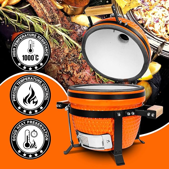 London Sunshine Ceramic Charcoal BBQ Kamado Grill Smoker - Portable Tabletop Cadet Series -Orange