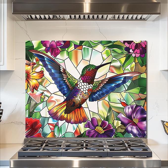 fzxwyishu Tempered Glass Kitchen Backsplash, Stove Back Top Cover, Splashback Tile,Hummingbird Kitchen Sink Cover Splash Guard, Home Kitchen Decor (Art Deco 2, 30"x24"(76.2x60.96cm))