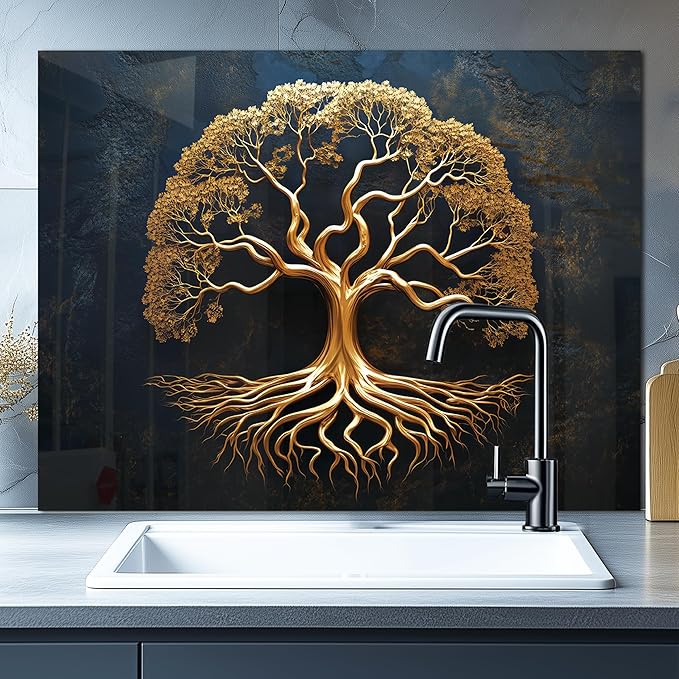 DAIFURONGE Tempered Glass Backsplash for Kitchen, Tree of Life Art Stove Backsplash Protector - Easy to Clean Wall Decor (Art Deco 1, 35.43"x27.56"(90x70cm))