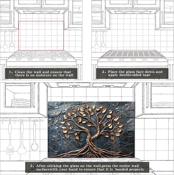 fzxwyishu Tree of Life,Tempered Glass Backsplash For Kitchen Behind Stove,Easy to Clean Kitchen Sink Cover Splash Guard, Home Kitchen Décor (grey, 30"x24"(76.2x60.96cm))