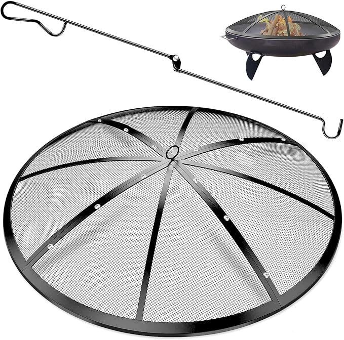 Fire Pit Spark Screen, 27 Inch Fire Pit Screen with Handle & Poker, Heavy-Duty Steel Fire Pit Cover Round Mesh Replacement Outdoor Firepit Screen Lid for Backyard/Beach/RV Camping