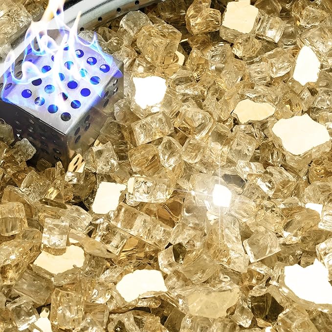 NUPICK 10 Pound Fire Glass for Pit, 1/2 Inch Tempered Reflective Glass for Propane & Gas Fireplace, Gold Rock