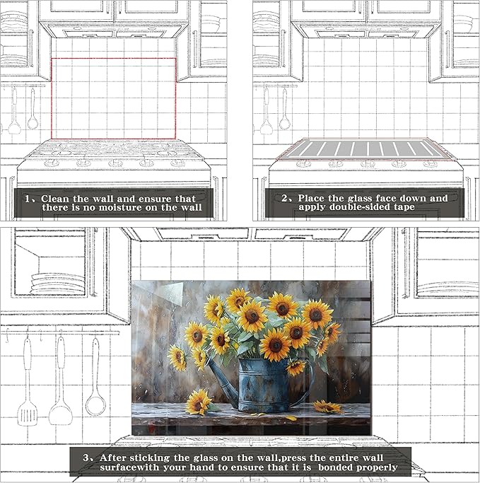 fzxwyishu Tempered Glass Backsplash for Kitchen,Stove Splashback Protector Sunflower Design | Heat-Resistant Splash Board, Kitchen Wall Decoration