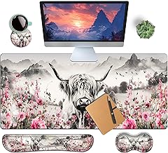 4-Piece Extended Large Mouse Pad Set for Women Men with Highland Cow Design Includes 35.4 x 15.7 XXL Large Mouse Pad Keyboard Wrist Rest Mouse Wrist Support and Coaster for Office Home