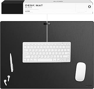 Leather Desk Mat Cable Organizer 23.6" x 17" | Premium Black Vegan Leather Desk Protector Blotter Mouse Pad with Felt Non Slip Bottom for Home Office
